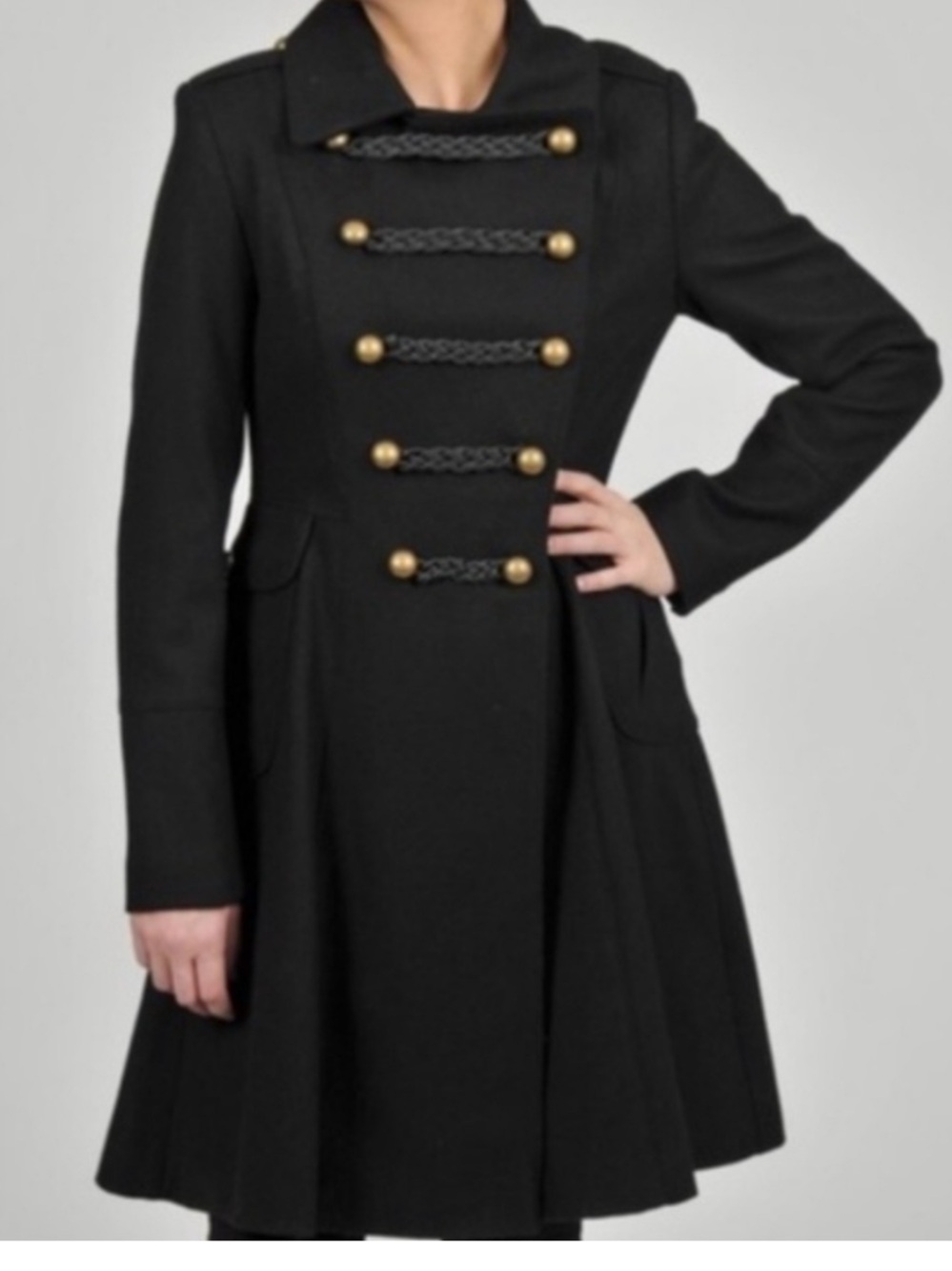 Tahari Black Military-Style Wool pleated Peacoat with Gold Buttons vintage Y2k